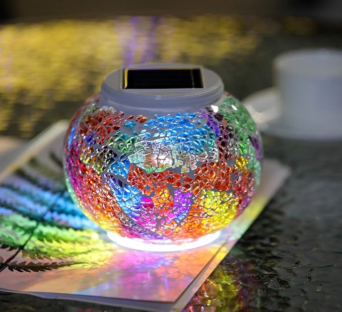 Color Changing Solar Powered Glass Mosaic Ball Led Garden Lights, Rechargeable Solar Table Lights, Outdoor Waterproof Solar Night Lights Table Lamps for Decorations, Ideal Gifts