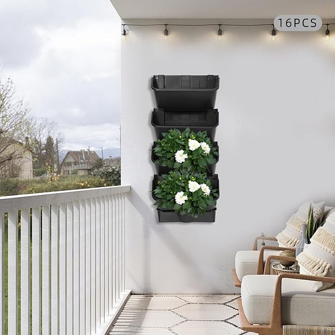 Wall-Mounted Vertical Garden Planter Set – 24 Self-Watering Planters with Drainage Pipe, Stackable Wall Planters for Indoor & Outdoor Use (Black, 16PCS)