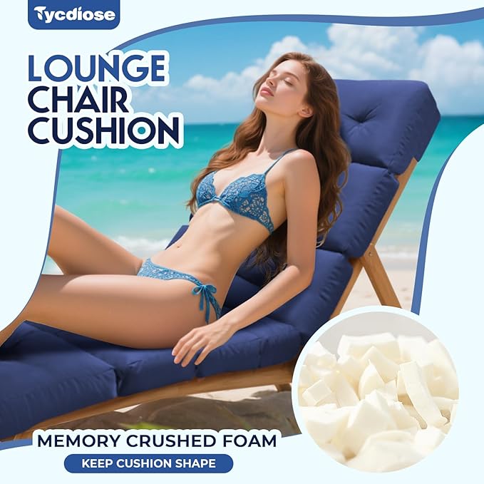 All Weather Chaise Lounge Cushions Outdoor Lounge Chair Cushion, Replacement Chaise Lounger Chair Cushion Waterproof for Outdoor Patio Furniture with Non-Slip Back and Ties, Blue