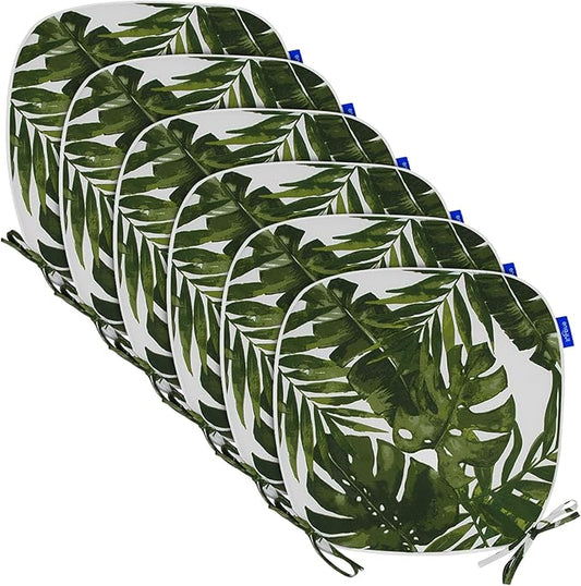SleepMan Outdoor 17"x16" Chair Cushions with Ties Set of 6, Water Resistant All Weather U-Shape Seat Pads for Patio Garden Furniture Indoor Fade Resistant Patio Cushions (Green Leaf)