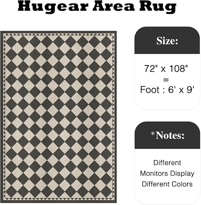 HUGEAR 6x9 Outdoor Rug Black/Beige Linen-Look Fabric Checkered Area Rug High Traffic Stain Resistant Easy Clean Durable Rugs for Indoor/Outdoor Patio Deck Balcony Porch Garden Courtyard