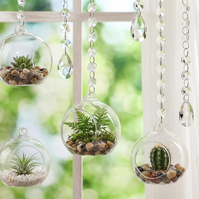 112 Pcs 3.15'' Hanging Glass Tealight Holder Globe with K9 Crystal Garland Strands,Teardrop Pendant Hanging Tealight Candle Holder Orbs Air Plant for Wedding Centerpiece Party Decor (Clear)