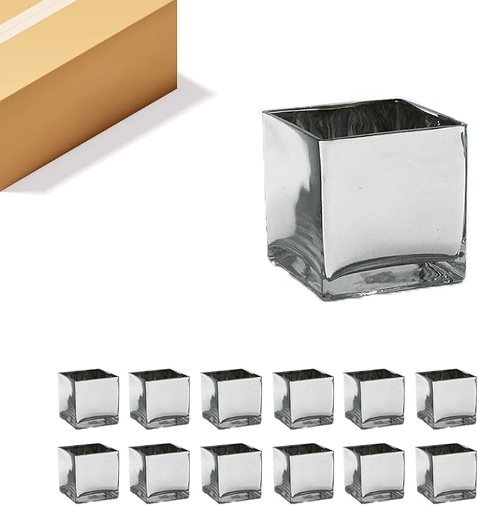 WGV Cube Glass Vase Bulk, Candle Holder, 5"x5"x5", Silver Elegant Floral Accent Container Planter Terrarium Storage for Wedding Party Ceremony Event Office Home Decor, 12 Pieces