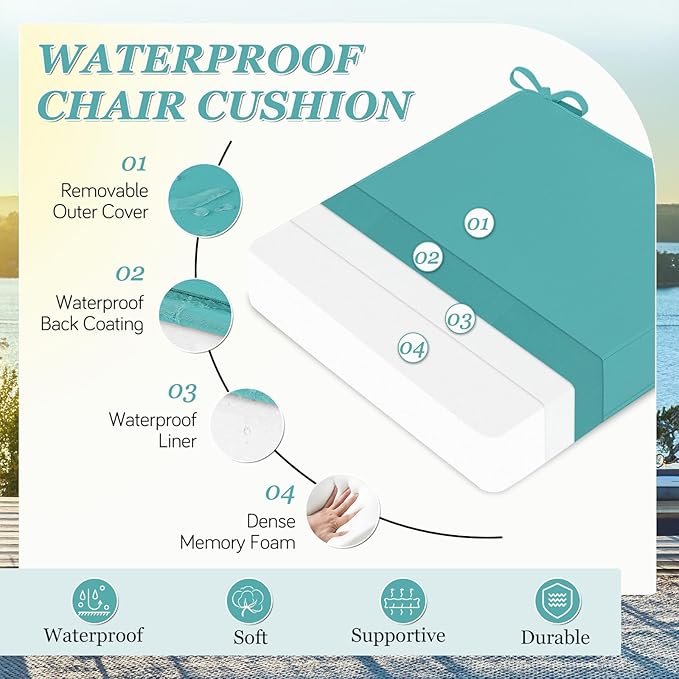 Waterproof Outdoor Chair Cushions Set of 2, Square Outdoor Seat Cushions with Ties and Removable Covers, 19 x 19 Outdoor Cushions for Patio Furniture with Portable Handle(Teal)
