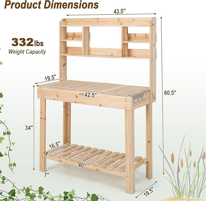 Giantex Garden Potting Bench Table, Large Workbench Table with Shelves, Openable Tabletop Hidden Storage Cabinet, 3 Hooks, Outdoor Wooden Workstation for Patio Garden Garage, 43.5"x19.5"x 60.5"