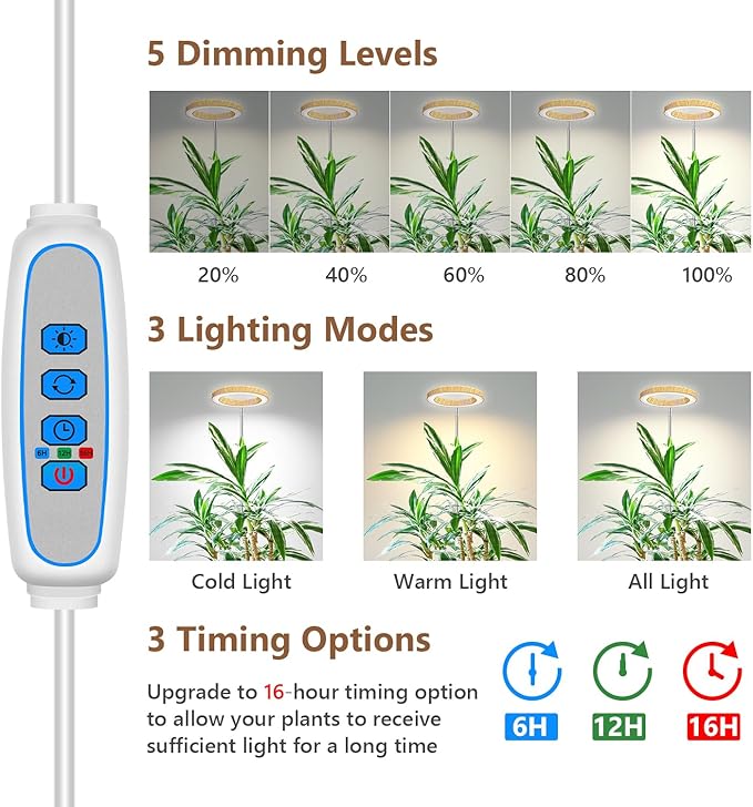 Grow Lights for Indoor Plants, Full Spectrum Plant Lights for Indoor Growing, Height Adjustable 10"-65" Faux Wood Grain Grow Lamp with 6/12/16H Timer, 3 Optional Spectrums, 5 Brightness