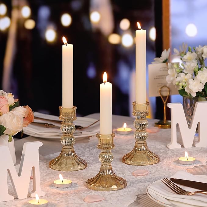 DARJEN 6Pcs Gold Candlestick Holders Set - 4" H & 5" H Striped Taper Candle Holders Bulk, Glass Candle Holders for Wedding, Festival, Party, Table Centerpiece, Gifts