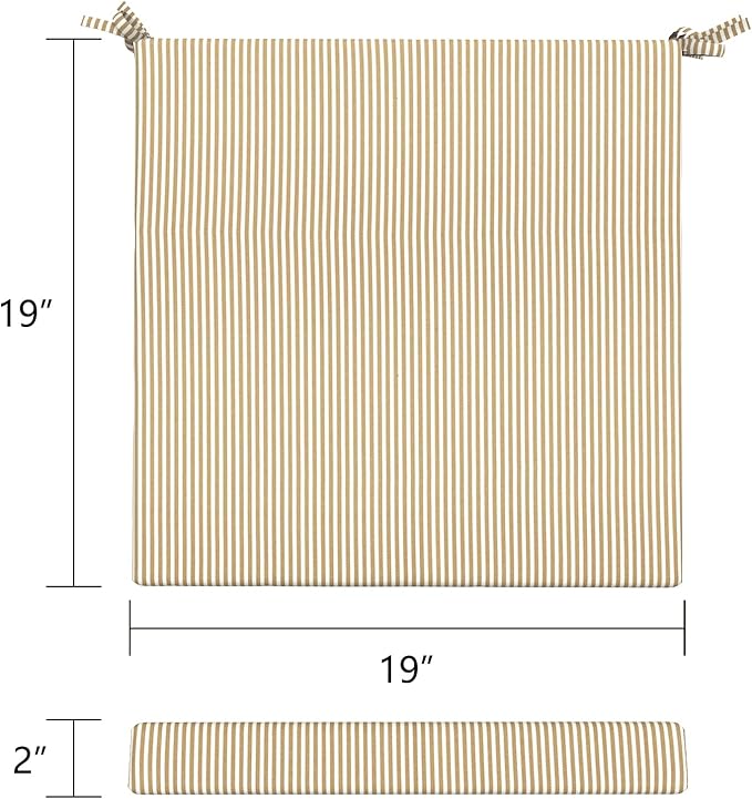 LVTXIII Outdoor Chair Cushions 19"x19"x2" Pack of 2, Water-Repellent Square Corner Memory Foam Seat Cushions with Ties for Garden Patio Furniture, Strip Beige