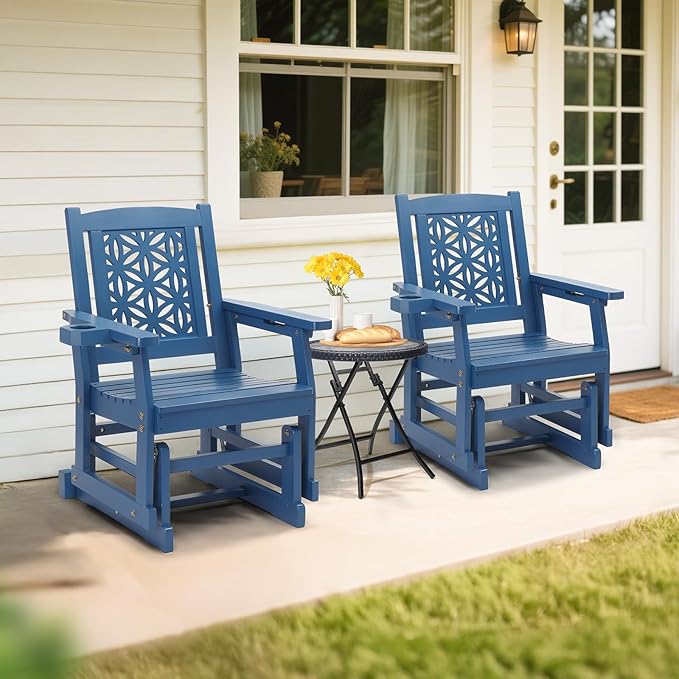 VINGLI Fir Wood Outdoor Glider with Floral Backrest, Wooden Patio Gliding Bench with Cup Holders, Smooth Rocking Chair for Garden, Yard & Porch (Blue, 2.3 FT)