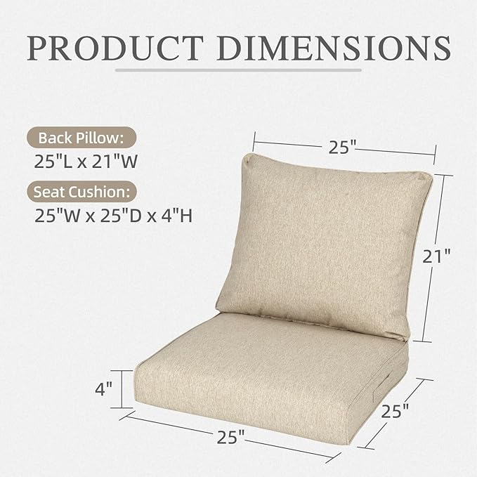 Aoodor 25" x 25" Patio Deep Seat Cushion Set, Water Resistant & Fade Resistant Outdoor Furniture Cushions with Adjustable Straps for Patio, Deck, Garden, Brown