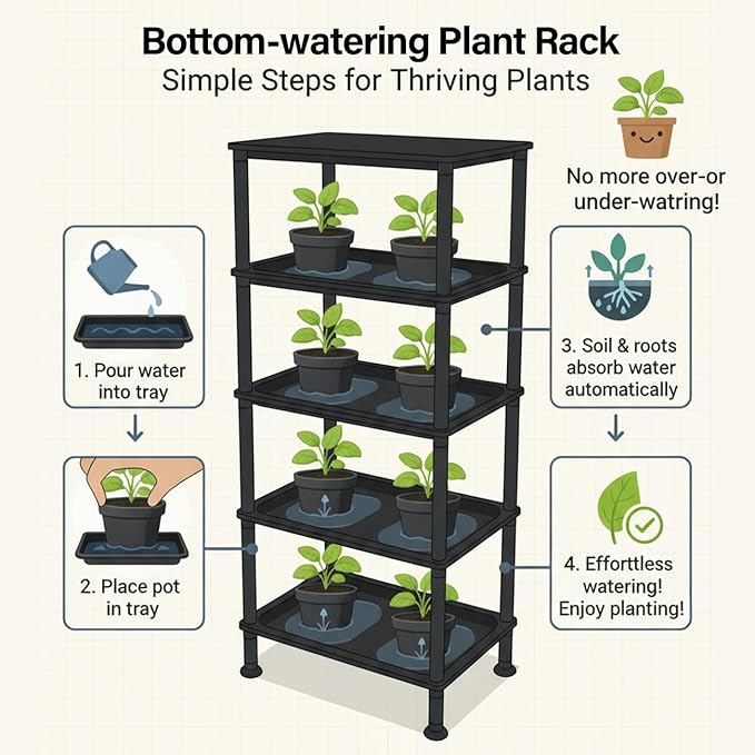 5-Tier Seed Starter Trays Plant Stand, with Bottom-Watering Design– Reinforced Thickened Shelf for Small Pots, Balcony/Indoor Seed Starting & Greenhouse, Black