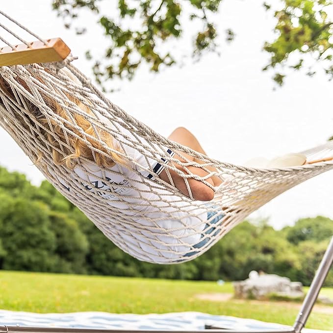 Lazy Daze Hammocks Double Rope Hammock with Stand Include, 12 Feet Traditional Cotton Rope with Pillow for Outside, Backyard, Patio, Garden, Tan Pillow
