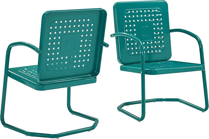 Crosley Furniture Bates 2-Piece Outdoor Chair Set, Retro Metal Patio Chairs for Dining, Porch, Deck, Balcony, Turquoise Gloss