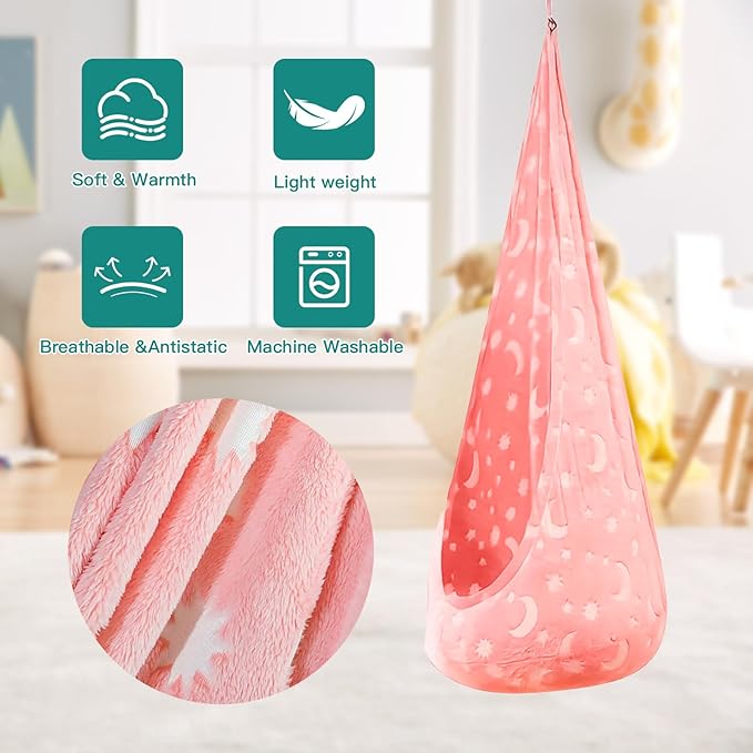 Kids Pod Swing Seat, Flannel Sensory Swing Chair Nightglow with PVC Inflatable Cushion, Hanging Hammock Chair for Indoor＆Outdoor Use (Pink (Starry Sky))
