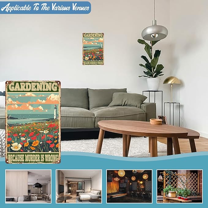 Vintage Gardening Metal Sign Gardening Because Murder is Wrong Metal Sign Gift for Friend Backyard Oasis Bar Home Wall Decoration Outdoor Patio 8 x 12 Inch