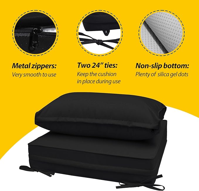 AAAAAcessories Outdoor Deep Seat Cushions, Waterproof, Fade-Resistant Patio Furniture Replacement Cushions, 25.5" x 25.5" x 5" + 25.5" x 13.5", Set of 2, Black