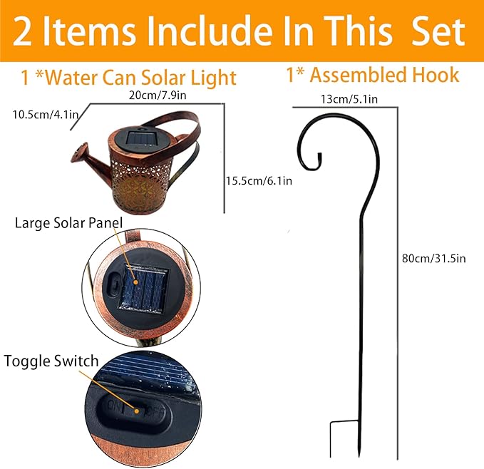 Solar Lanterns Outdoor Waterproof,Metal Watering Can Garden Decor Ornaments,Hanging Yard Art Lights,Outside Patio Decorations,Gardening Birthday Gifts for Mom Grandma Women,with Hook, Large