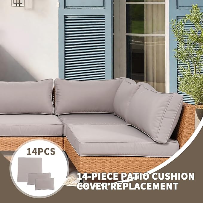 14Piece Outdoor Sofa Cushion Replacement, Patio Furniture Waterproof Cushion with Zippers, fit 6-Seat Outdoor Wicker Rattan Sectional Couch (Light Grey, 24.8"x24.8"x3.15")