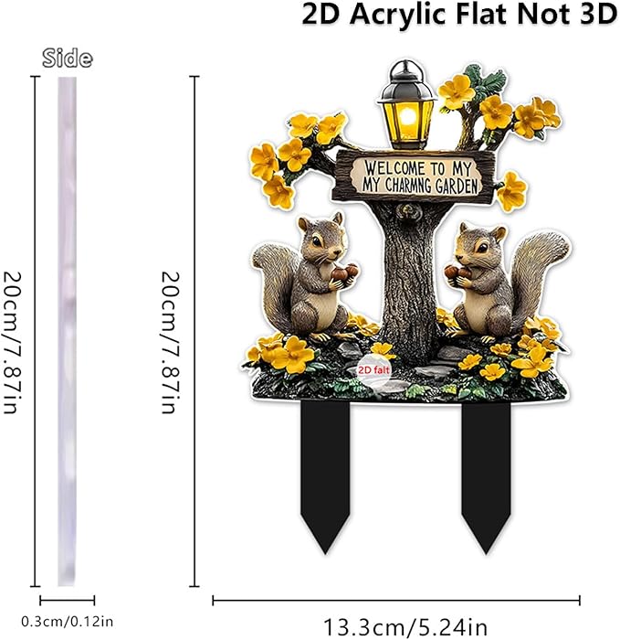 Cute Squirrels Garden Stake Decor, 2D Flat Stained Acrylic Animal Sign, Small Animal Ornament Indoor Outdoor Yard Lawn Pot Plant Decorative Accessories