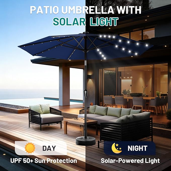 AreShark 9FT Patio Umbrella with Solar Lights, 32 LED Lighted Pool Umbrella w/Tilt and Crank, Outdoor Market Solar Umbrellas for Garden, Deck, Backyard, Pool and Beach, Navy