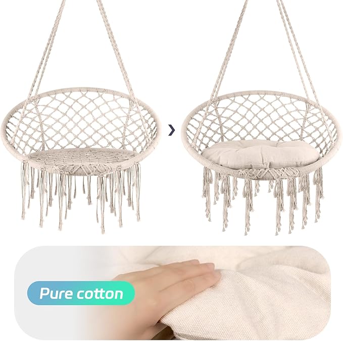 Hammock Chair Macrame with Stand & Cushion, 500 LBS Heavy Duty Swing Chair, 31.5" Wide Seat, Steel O-Rings for Indoor Outdoor Bedroom and Balcony Garden (Beige)