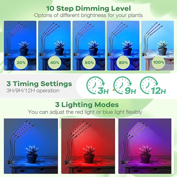 Led Grow Lights, 3 Heads Red Blue Plant Light with Clamp for Indoor Plants & Seed Starting, 10-Level Dimmable, Auto On Off, Timing 3 9 12Hrs