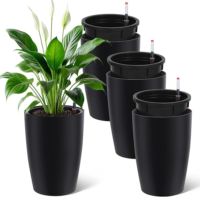 16" Tall Planter Set of 4, Self Watering Pots with Built-in Drainage and Water Level Gauge, Large Planter Pots for Garden, Patio, Balcony, Lounge, Black