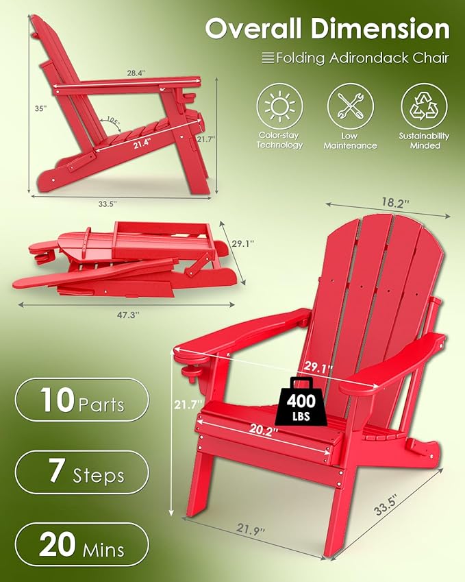 GREENVINES Folding-Adirondack-Chair | HDPE Plastic | Fire Pit Chairs | All Weather | Cup Holder | Red | for Deck Backyard Patio Outdoor Garden