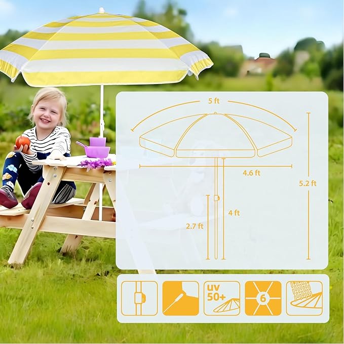 AMMSUN 5ft Seaside Umbrella for Sand Box and Water Table - Kids Durable Umbrellas for children Beach Camping Garden Outdoor Play Shade (5ft Yellow White)