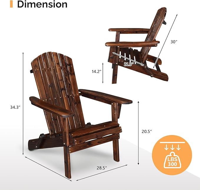 VINGLI Folding Adirondack Chairs Set of 2, Wood Adirondack Chair for Outdoor, Foldable Fire Pit Chairs for Patio, BBQ, Porch, Yard, Pool, Carbonized