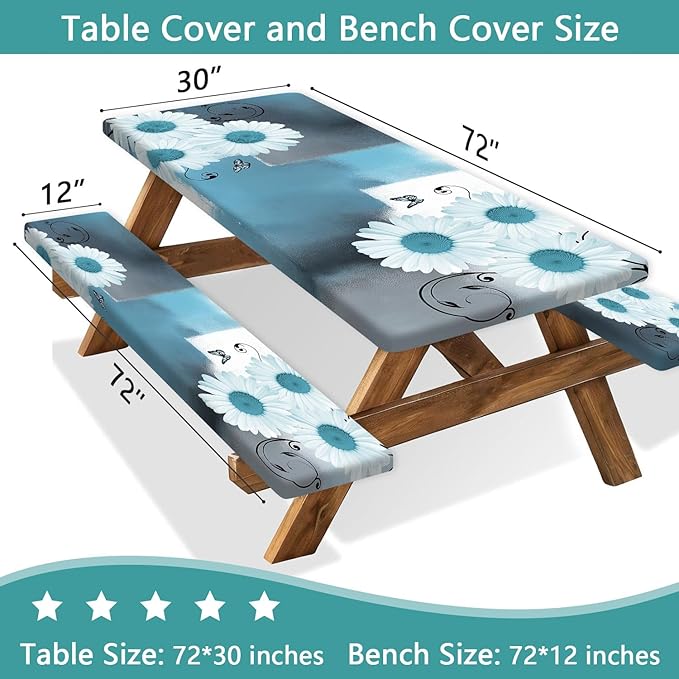 Picnic Table Cover with Bench Covers and Bag, Daisy Outdoor Waterproof Windproof Tablecloth with Elastic Edges. Camping Accessories RV Gear Campers Must Have 72x30 Inches 3 Pcs Set (Teal)