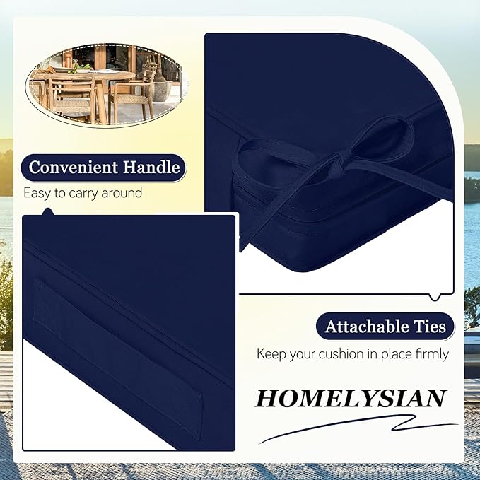 Waterproof Outdoor Chair Cushions Set of 2, Square Outdoor Seat Cushions with Ties and Removable Covers, 24 x 24 Outdoor Cushions for Patio Furniture with Portable Handle(Navy)