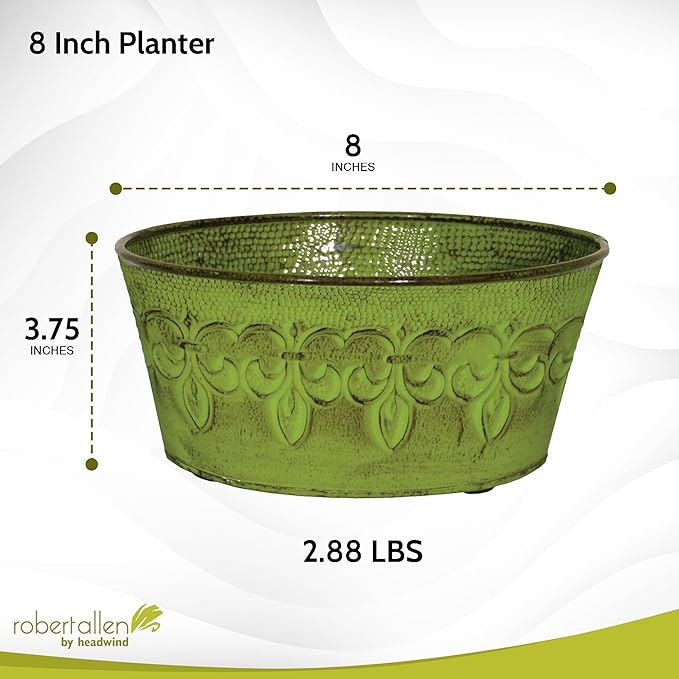 Headwind Ironlite Fleur De Lis Collection – 8" Tansy Green Bowl Decorative Planter with Drain Plug – Lightweight Metal Garden Pots for Indoor & Outdoor Planters Use by Robert Allen