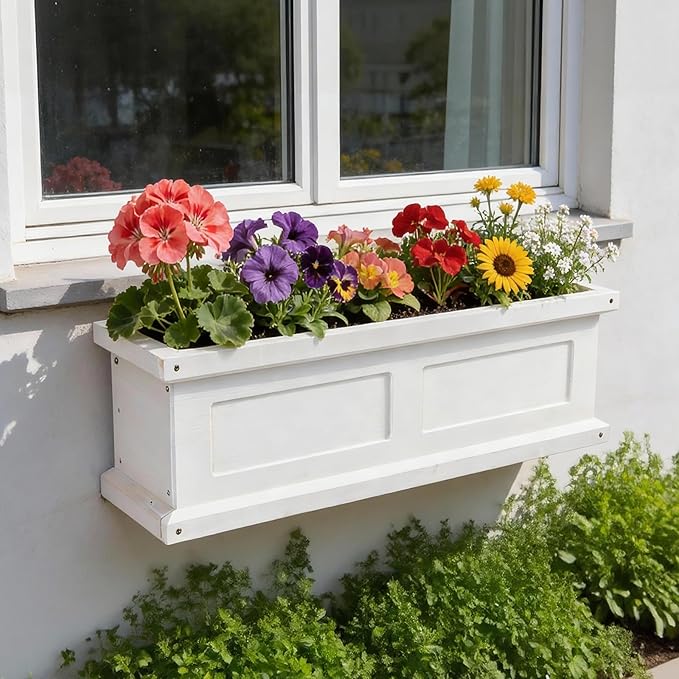 3-Foot Window Box Planter, Wall-Mounted White Window Planter for Outdoor Balcony/Windowsills, Patio & Garden, Classic Design Weather-Resistant Flower Box Planter