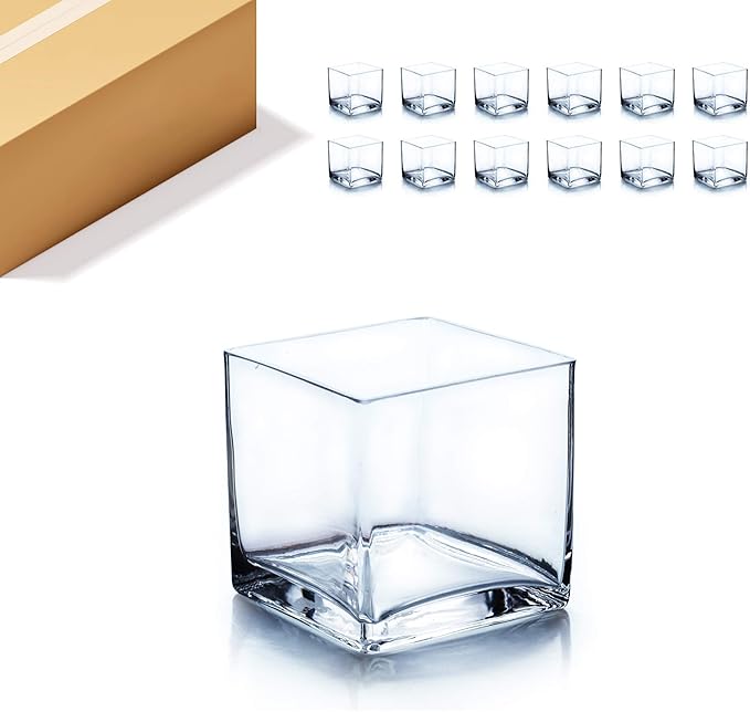 WGV Cube Glass Vase Bulk, Candle Holder, 5"x5"x5", Clear Elegant Floral Accent Container Planter Terrarium Storage for Wedding Party Ceremony Event Office Home Decor, 12 Pieces