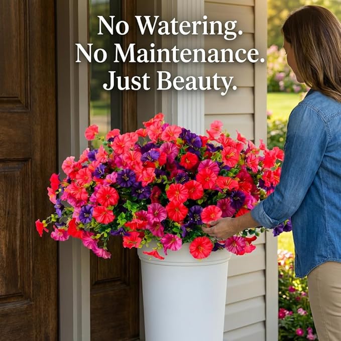 12Pcs Artificial Outdoor Flowers for Outdoors, Faux Silk Realistic Morning Glory Floral Arrangement Planter UV Resistant for Porch Patio Window Box Balcony Garden Decor (12pcs Purple Fuchsia)