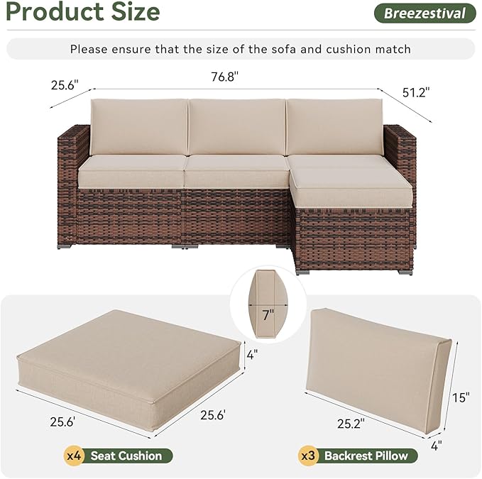 Replacement Cushions for Outdoor Furniture, 7-Piece Outdoor Cushions for Patio Furniture, Deep Seat, Waterproof & Fade Resistant Couch Cushion for 4-Seat Patio Conversation Sets, Beige
