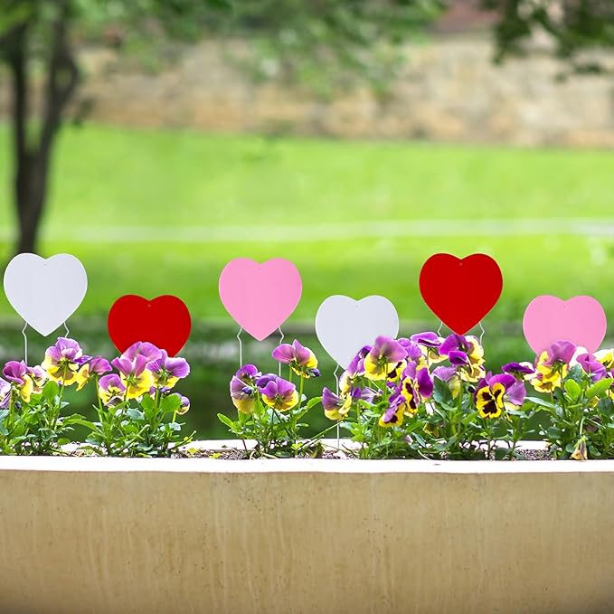 6 Pcs Valentine‘s Day Heart Decorative Planter Stakes Outdoor Decorative Flower Pots Signs with Happy Valentine‘s Day Yard Decorations Anniversary Wedding Supplies
