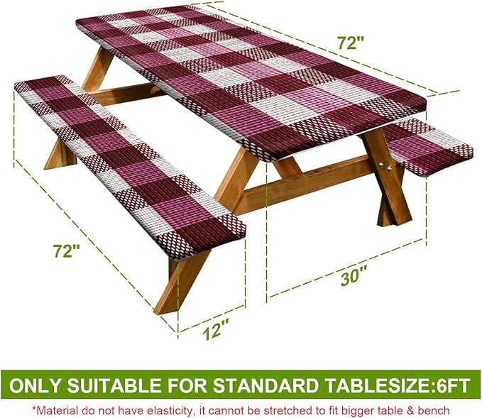 Picnic Table Cover with Bench Covers Set of 3 - Wine Purple Checkered Tablecloth, Elastic Fitted for 6 Ft Tables, Washable Polyester Cover for Camping, Indoor & Outdoor
