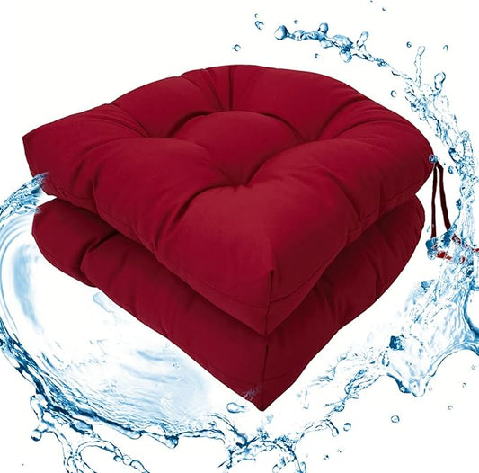 Outdoor/Indoor Chair Cushions Burgundy, Tufted Patio Seat Cushions Round Corner, 2 Pack Waterproof Chair Pads with Ties, 19"x19"x3.9"