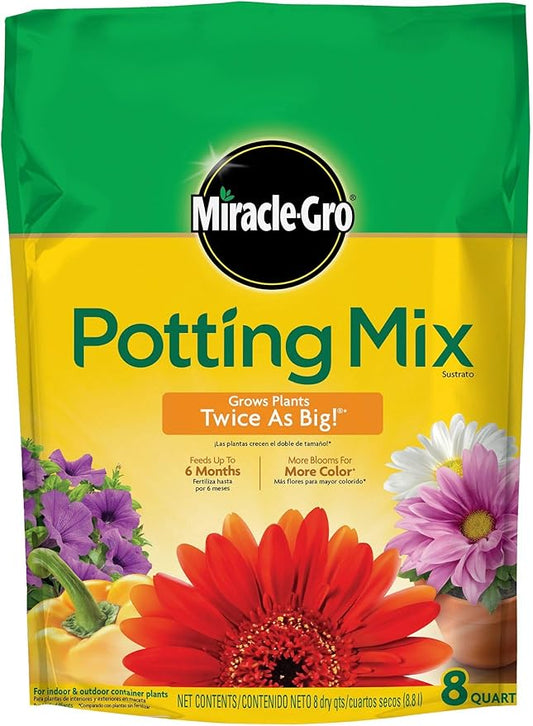 Miracle-Gro Potting Mix, For Indoor or Outdoor Potted Plants, Flowers, Vegetables, Shrubs, Annuals, and Perennials, Feeds Up to 6 Months, 8 qt.