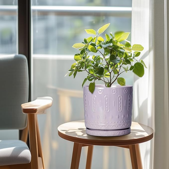 Ceramic Flower Pots, 8 Inch Plant Pots Indoor Outdoor, Round Planter with Drainage Hole and Tray, Boho Planter, Decorative Pot for Plants, Apartment Decor, House Warming Gifts, Purple