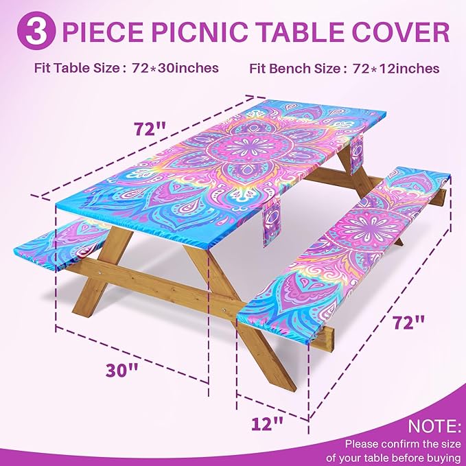 3 Piece Picnic Table Cover with Bench Covers 72x30In Fitted Elastic Heavy Duty Camping Table Cloths Camp Motorhome Gear Garden Festival Stuff Road Trip Outdoors Must Haves Gifts for Mom Dad
