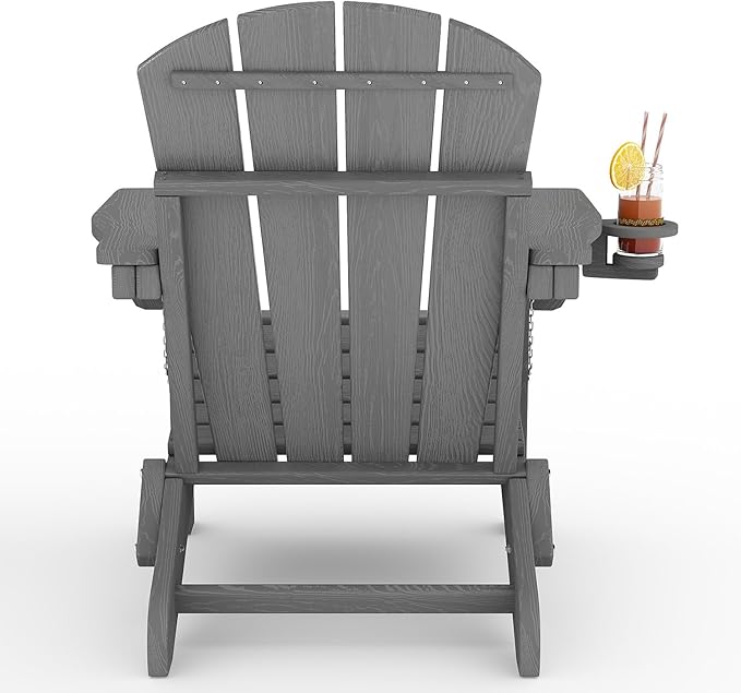 Folding Adirondack Chair Set of 2, All-Weather HDPE Outdoor Chair, Wooden Textured with Cup Holder for patios, Decks, Gardens, fire pits, Grey