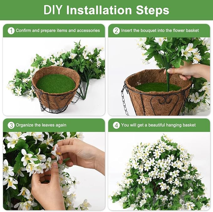 INQCMY Artificial Hanging Flowers in Basket for Patio Garden Decoration,Faux Silk Violet in Planter UV Resistant Realistic for Outside Home Porch Balcony Yard Decor(White)