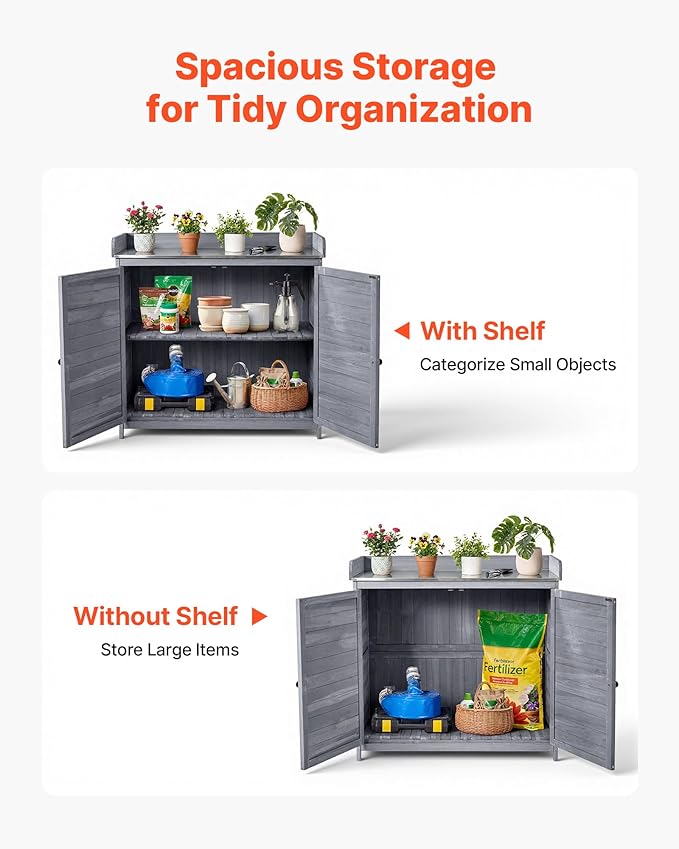VEVOR Potting Bench Table, Outdoor Gardening Wooden Storage Cabinet with 39 x 19 in Wood Tabletop, Garden Planting Workstation with Large Storage Space for Patio, Backyard, Gray