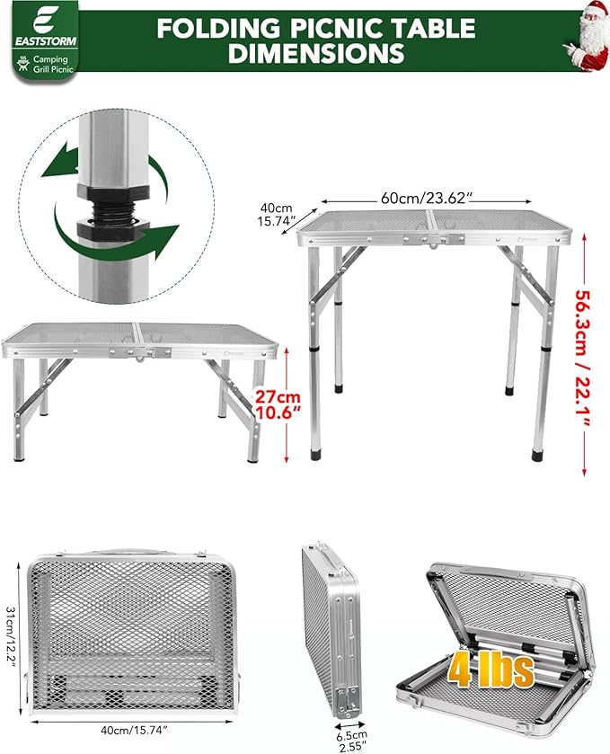Small 2ft Folding Table with Carry Handle, Adjustable Height 10.6" or 22", Silver Metal Mesh, Portable & Compact Indoor/Apartment/Card/Side/Grill Table, 23.6"Lx15.8"W, Lightweight 4 lb, 66 lb Capacity