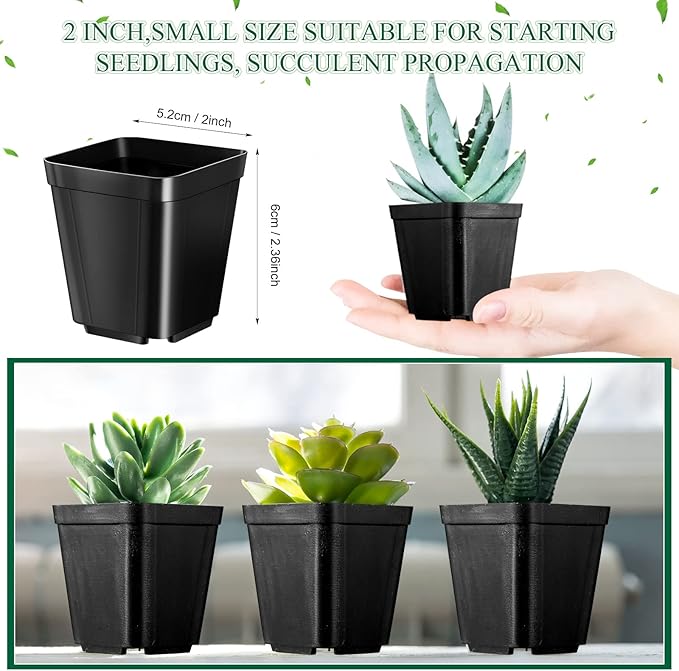 Nuanchu 500 Pack 2 Inch Square Nursery Pots, Small Plastic Seedling Pots with Drainage Holes, Mini Planting Planters for Garden Outdoor Indoor Flower Succulent Vegetable Starting Seedlings, Black