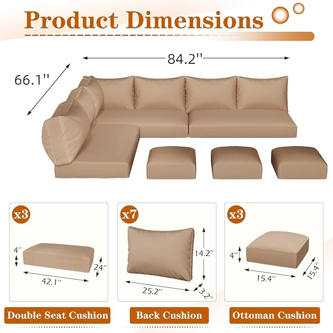 U-MAX Outdoor Cushions, 4 inch Memory Foam Patio Replacement for Outdoor Furniture, Fits 7-Seats Sectional Rattan Conversation Set, Splashproof Covers (Beige)