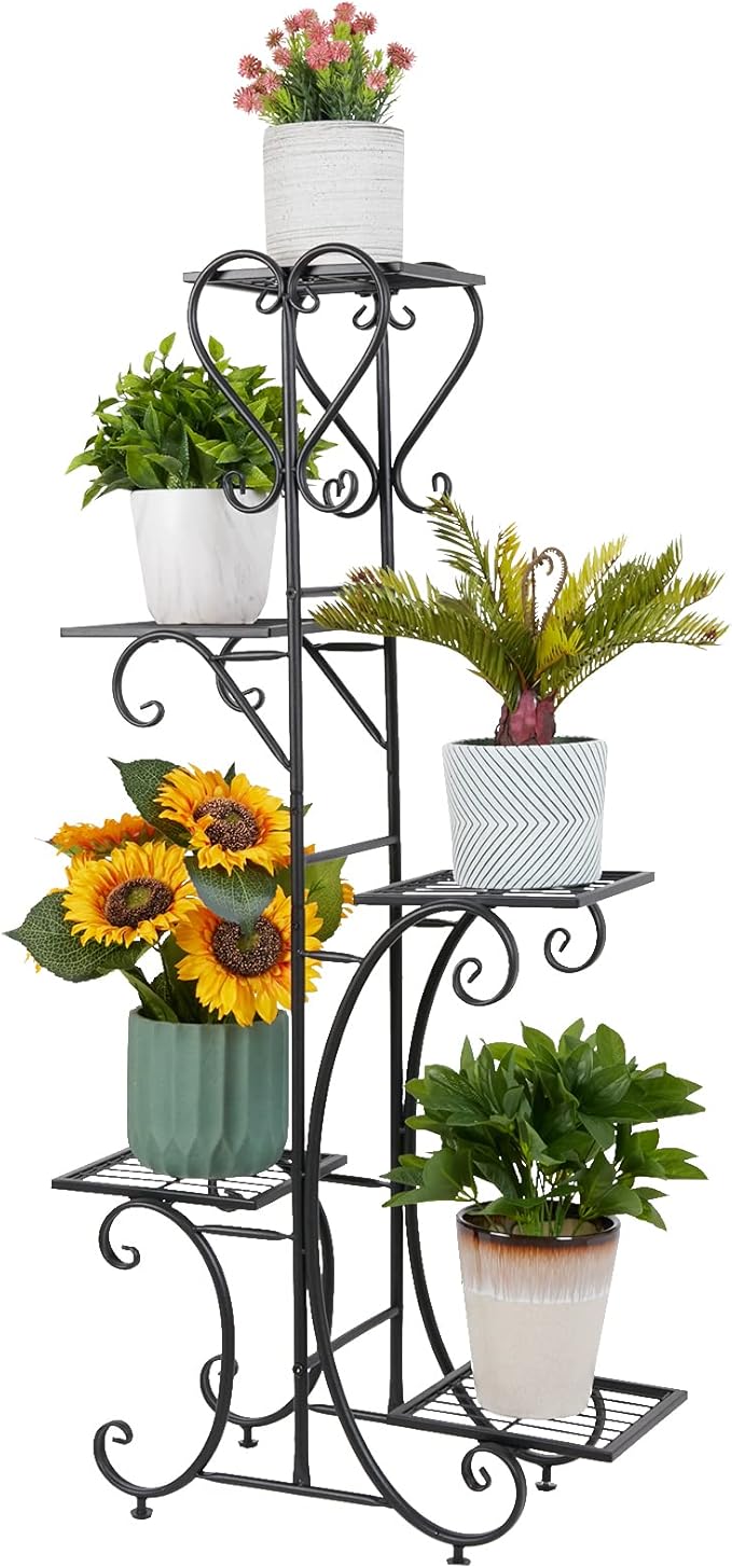 unho Tall Metal Plant Stand: 5 Tiered Flower Pot Rack with Square Shelves Indoor Display Storage Holder for Patio Garden Balcony Livingroom Decor (Black)